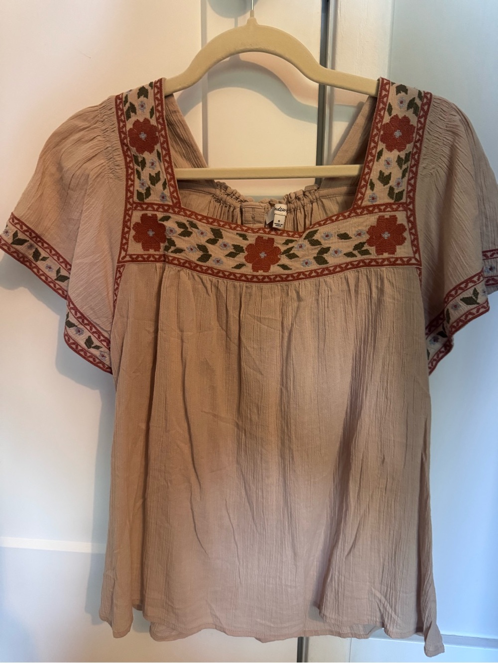 Madewell Embroidered Boho Peasant Top - Beige with Rust Floral Trim